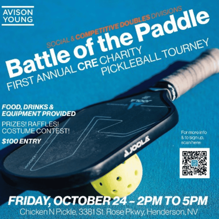 Avison Young announces 1st Annual Charity CRE Pickleball Tournament to benefit Serving Our Kids Foundation.